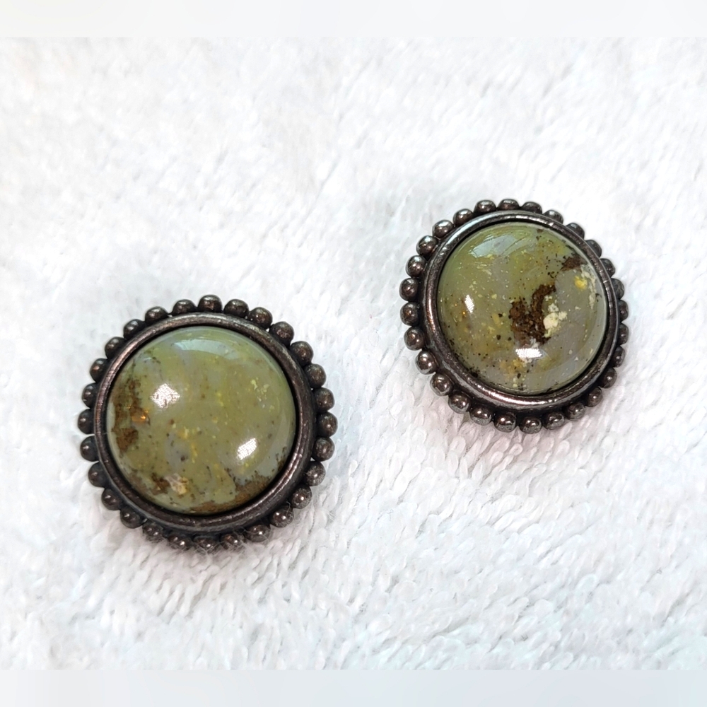Green Jasper and Antiqued Silver Round Stud Earrings / Pierced - Picture 3 of 7